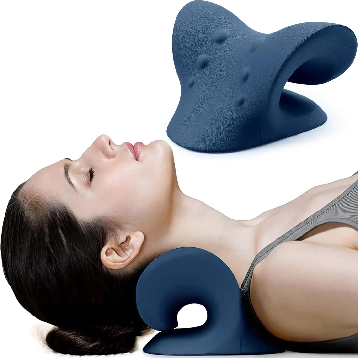 Neck and Shoulder Relaxer for Pain Relief and Cervical Alignment, Chiropractic Pillow Stretcher in Dark Blue