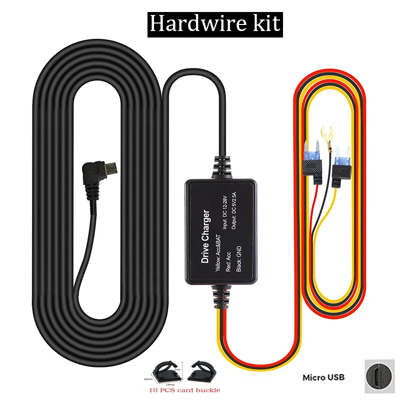 Per 70mai Hardwire Kit Micro USB per 70mai S500 D07 4K A800S A500S D06 M300 LIte2 Kit Hardwire per Car DVR 24H Monitor di parcheggio