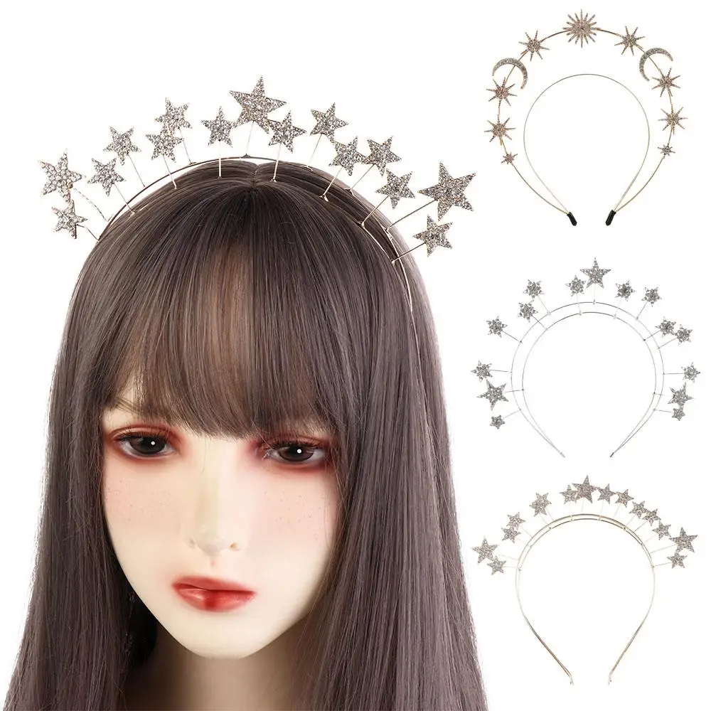 

Elegant Metal Star Hair Hoop Princess bilayer Halo Crown Silver Headwear Baroque Hairbands Headpieces