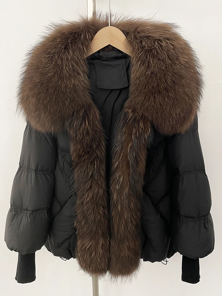 

2025 New Winter Large Real Raccoon Fur Puffer Coat Knit Sleeve White Duck Down Jacket Women Oversized Feather Down Parka