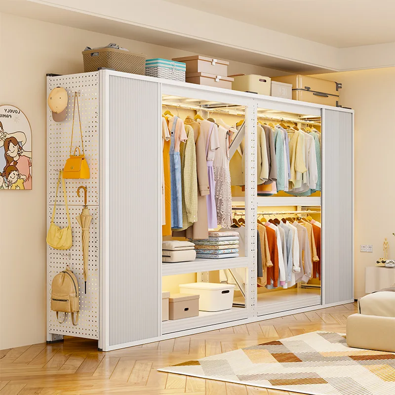 Armario de Acero Antipolvo para Dormitorio, Puerta Corredera, Perchero, Estante de Almacenamiento en el Suelo, Perchero para Habitación de Alquiler, Perchero para Ropa, Sombreros, Armario Dormitorio