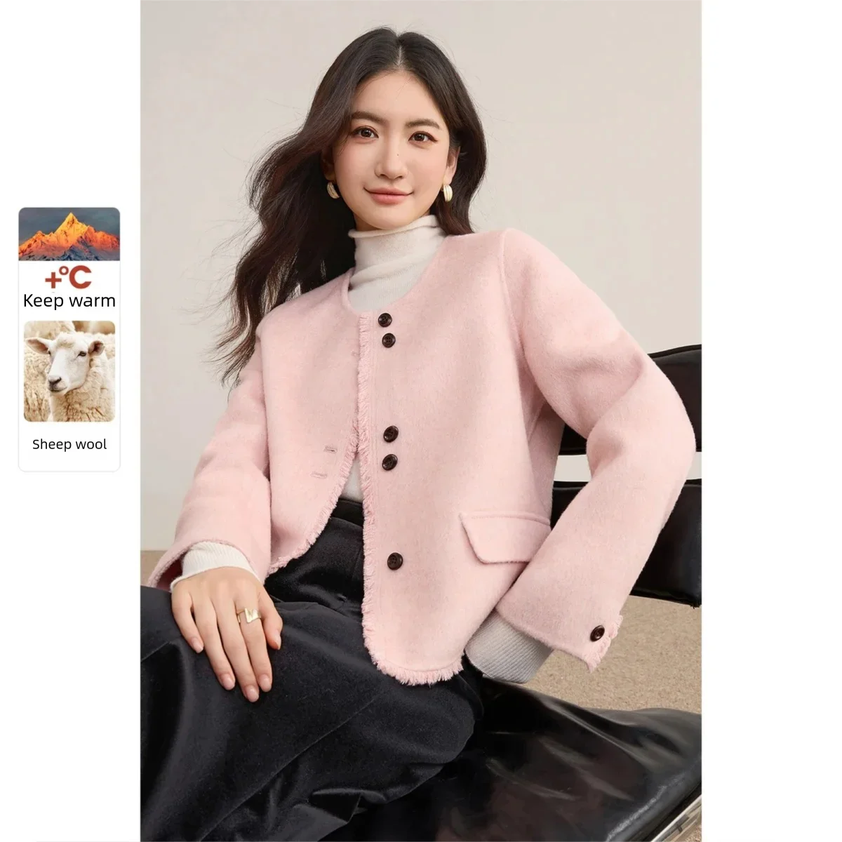 

SENTUBILA Coats for Woman Elegant Woolen Crew Neck Single Breasted Solid Short Jackets Women's Winter 2025 Soft Coat W54OF8788
