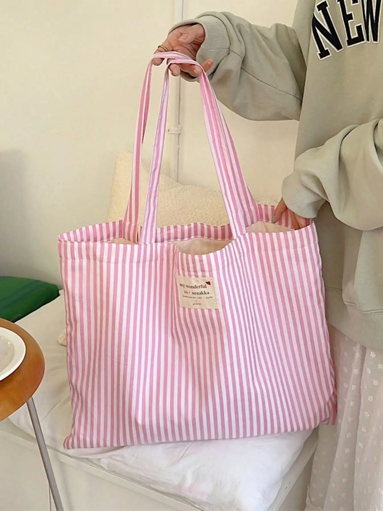 

Vintage Striped Canvas Tote Bag, Women's Large Capacity Suitable For Travel And Shopping
