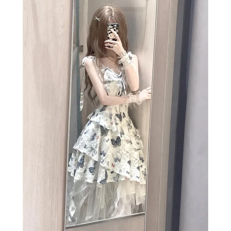 

2025 New Y2k Irregular Midi Dress Female Short Party japanese Korean Fashion Summer Print Sleeveless Dress One Piece Dress
