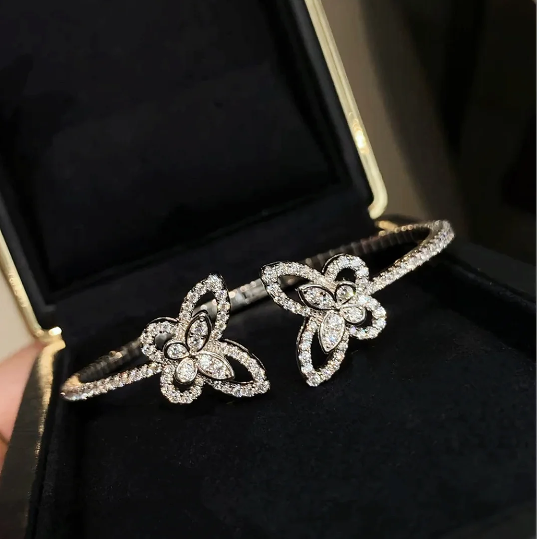New 925 Sterling Silver High Grade Zircon High Carbon Diamond Double Butterfly Cuff Bangle Bracelet Luxury Fine Jewelry