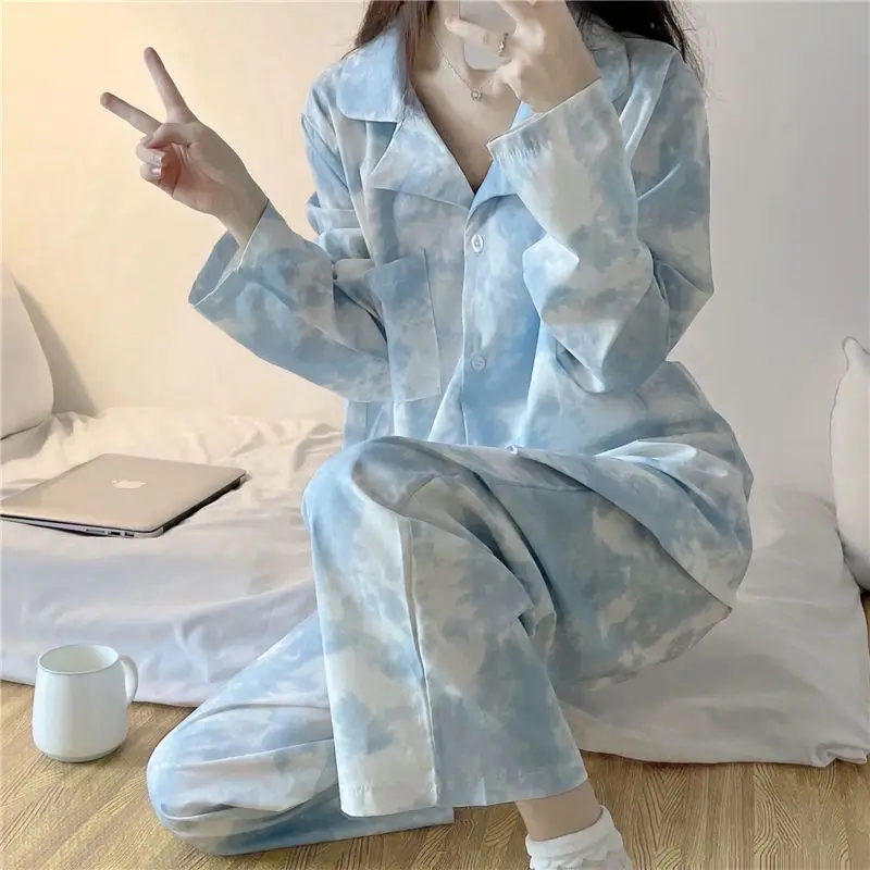 Women's Pajamas Set Loose Turn-down Collar Home Wear Loungewear Pyjama Femme Long Sleeve Tops and Pants Sleepwear 2 Piece Set