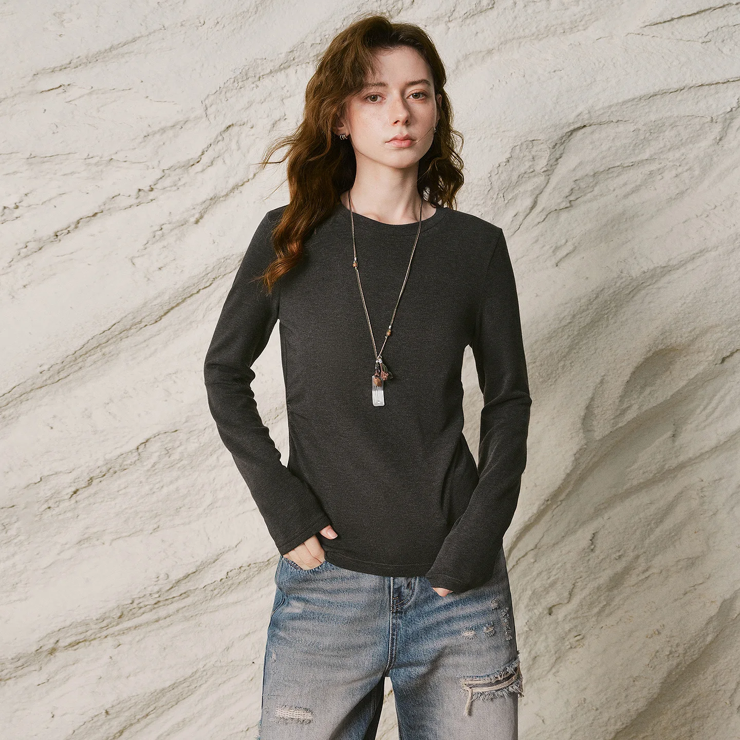 TOYOUTH Women Long Sleeve T Shirt 2026 Winter New Wool Blend Brushed Slub Fabric Side Waist Ruched Slim Fit Base Top