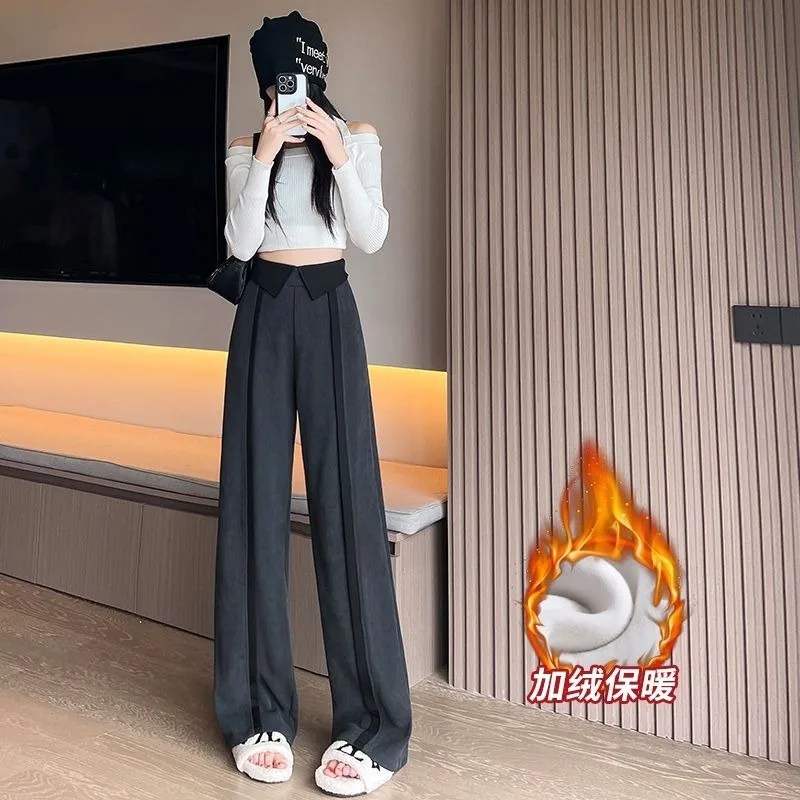 

Soft Waxy High-waisted Casual New Style Contrasting Cuffed Chenille Wide-leg Pants for Women's Winter Pants