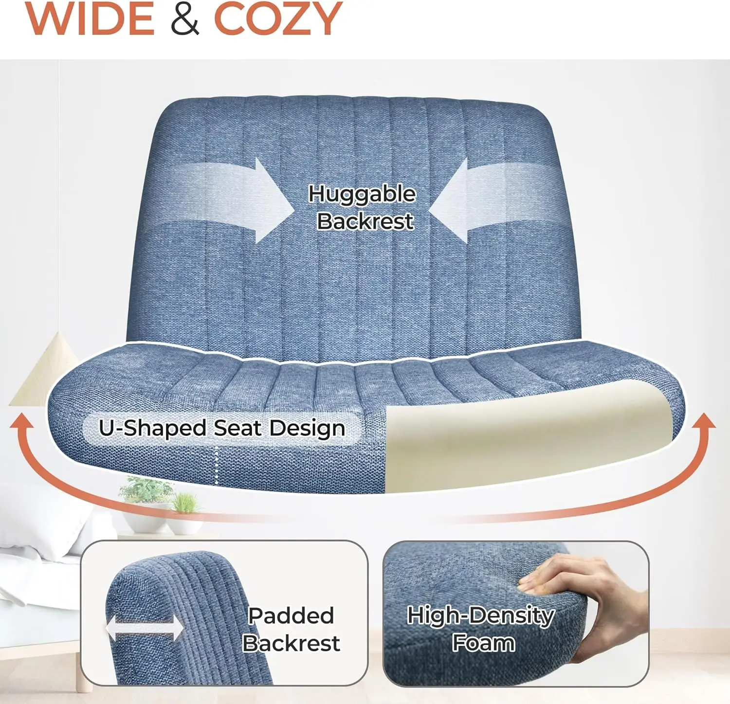 

Orange Factory Criss Cross Chair No Wheels Comfy Cross Legged Office Desk Armless Wide Vanity Makeup Chair Adjustable Computer