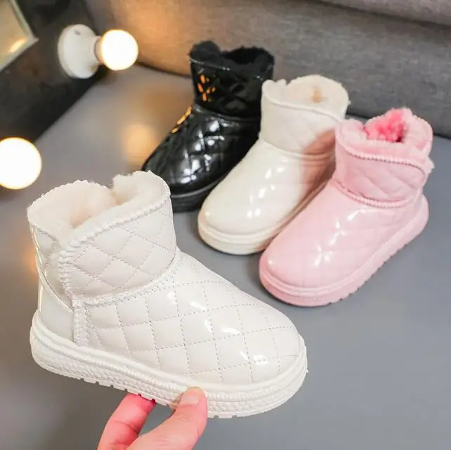 Winter New Children Waterproof Snow Boots Korean Style Boys Girls Leather Boots Boys Girls Plush Fur Warm Snow Shoes Sneakers