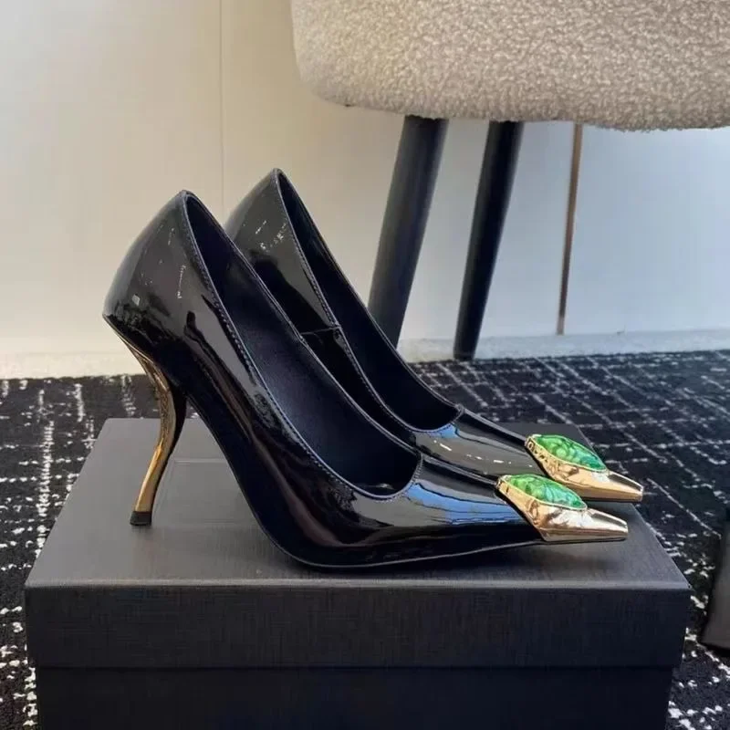 

2025 Metal Square Toe Gemstone Patent Leather High Heels, Slim Heels, Shallow Mouth, Sexy Women's Summer High Heels Sandals
