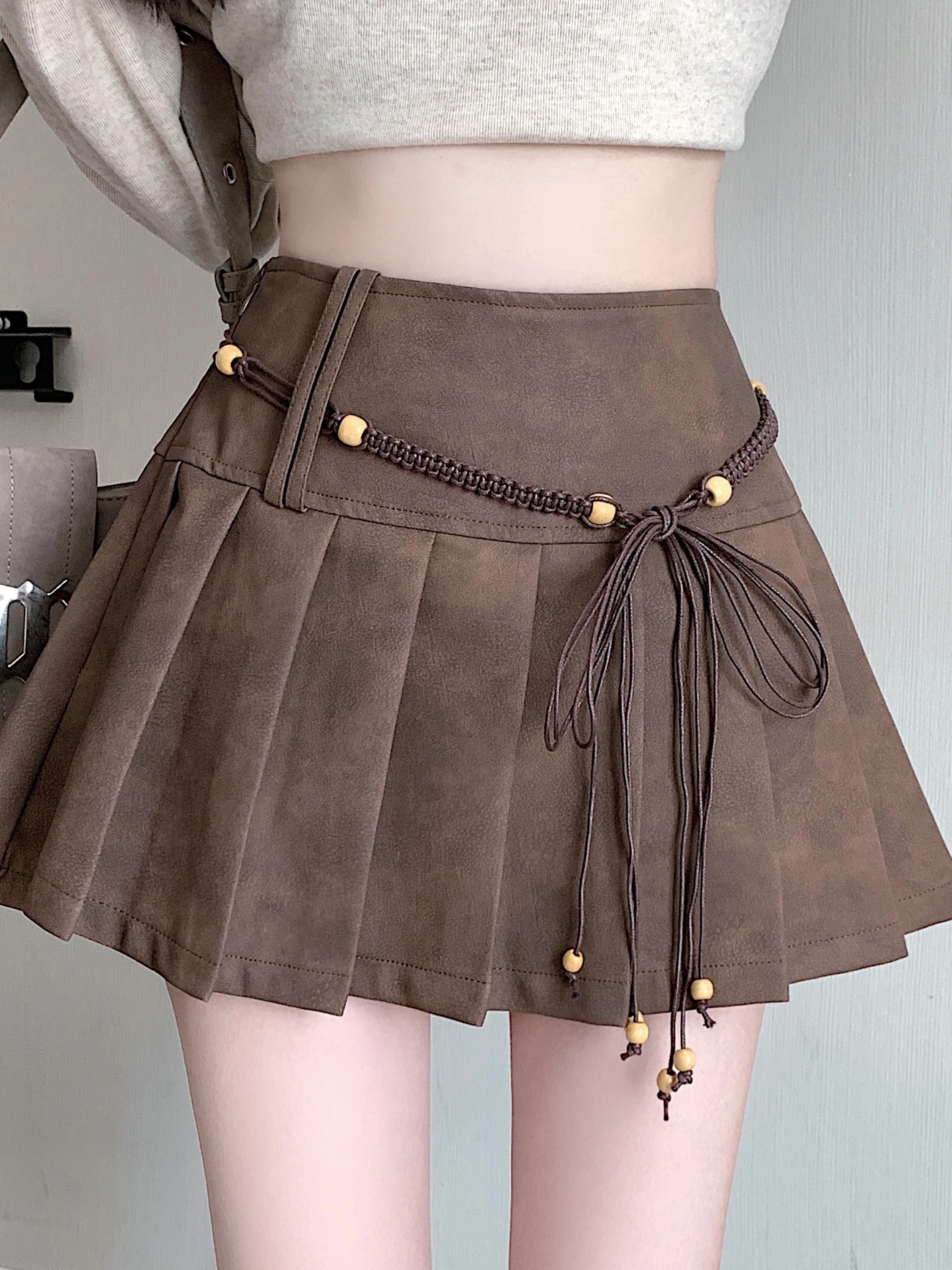 Abnehmen Hohe Taille PU Leder f Rock für Frauen Frühling Herbst Kaffee Farbe Retro Falten Rock Koreanische Sle Pendeln