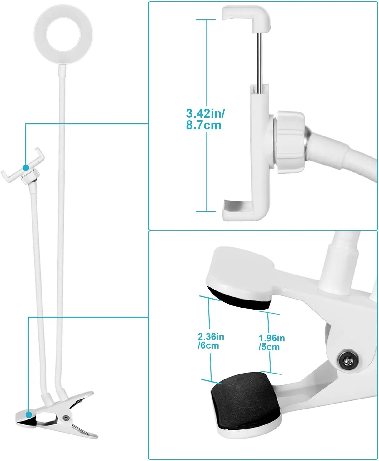 Neewer Clamp-on Selfie Ring Light مع حامل الهاتف الخليوي ذو دعامة كسولة للبث المباشر، YouTube، Facebook
