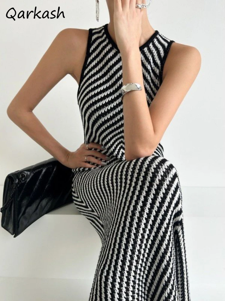 Sleeveless Dresses Women O-neck Striped Contrasting Colors Patchwork Pullover Sundress Korean Style Popular Design Temperament