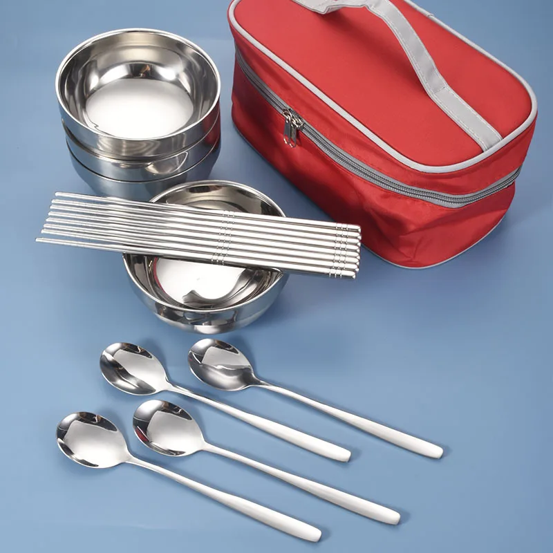 

Picnic Tourist Set Outdoor Stainless Steel Tableware Camping Cutlery Chopsticks Spoon Bowls Bag Dinnerware Travel Tools