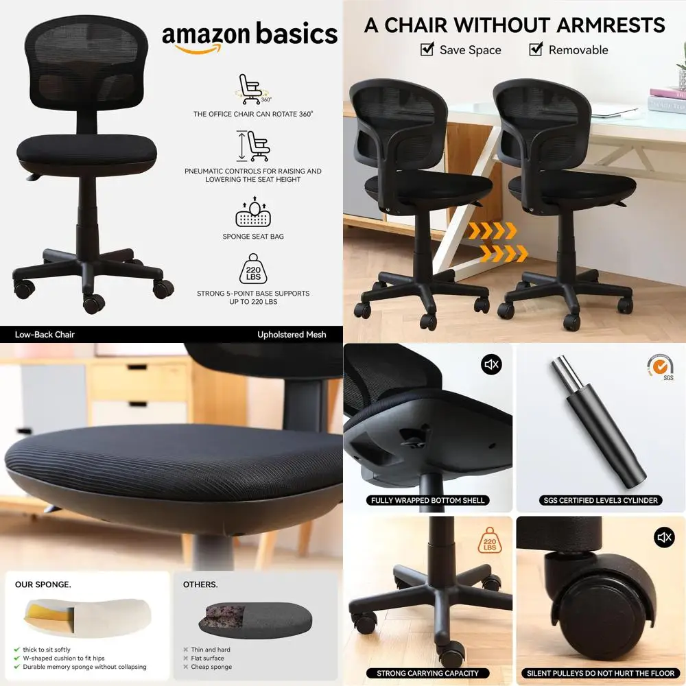 

Ergonomic Swivel Chair with Wheels and Lumbar Support for Compact Spaces: Ideal for Home Office, Bedroom, and Study in Black