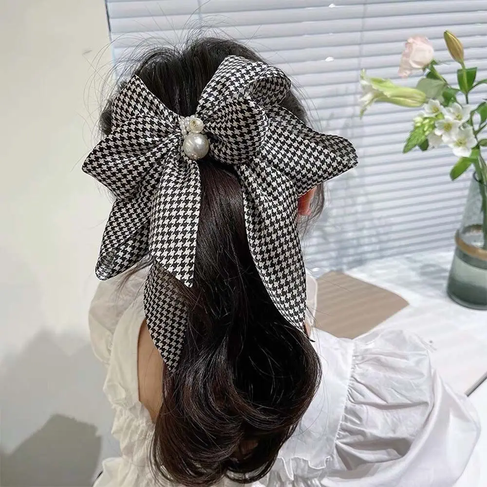 Retro Girls Plaid Pearl Pattern Women Spring Clip Bow Hair Clip Houndstooth Hair Accessories