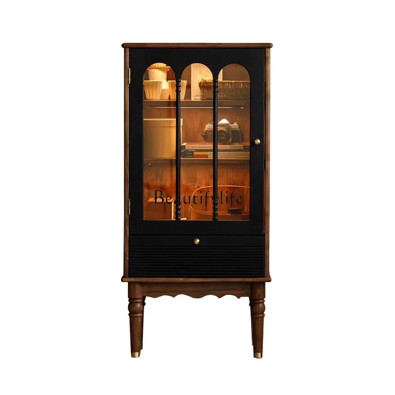 

LD33Mild Luxury Retro Display Cabinet Made of Glass Solid Wood Sofa TV Sideband Light Sideboard Cabinet