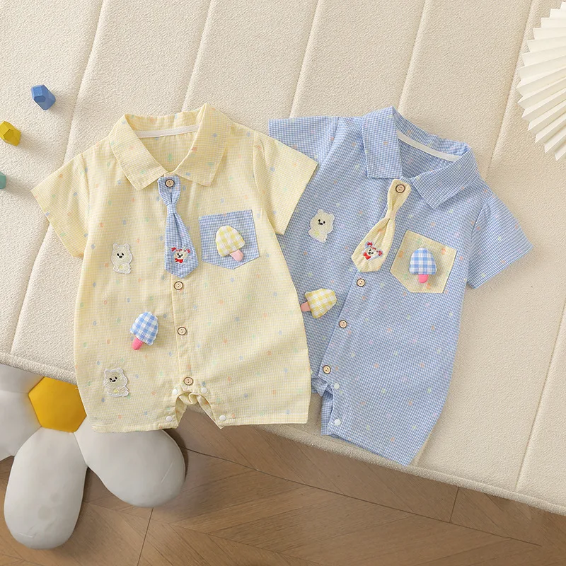Summer Korean Style Baby Jumpsuit Tie Teddy Bear Reverse Collar Infant Clothing Plaid Short Toddler Romper for Boys and Girls