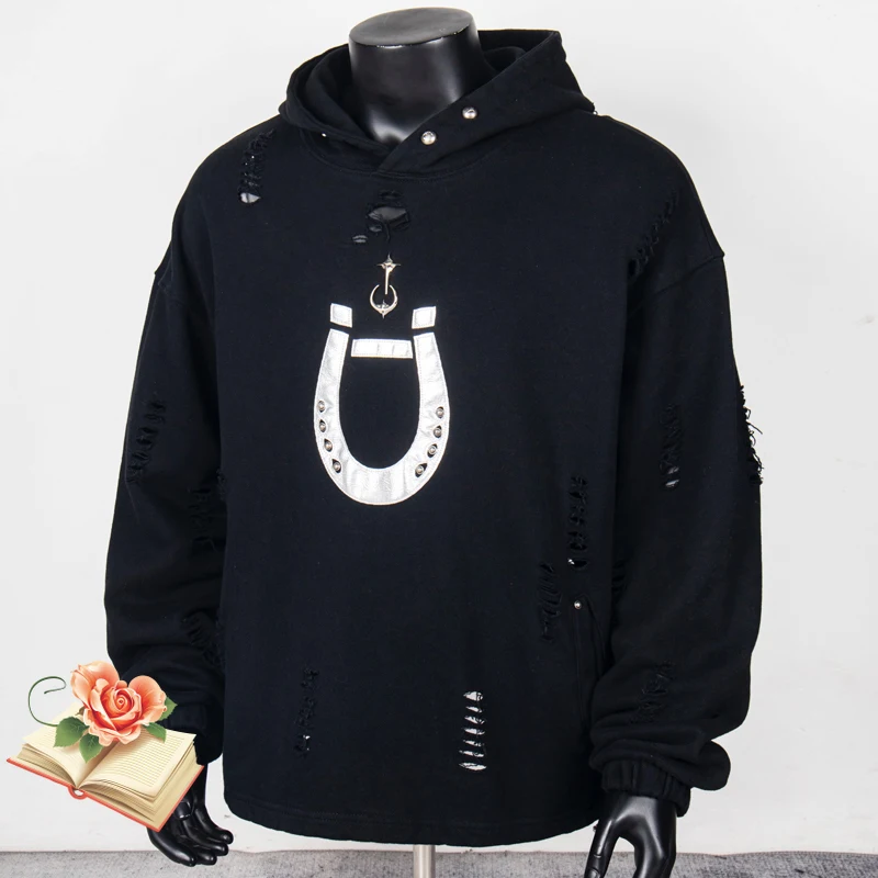 

Men's Clothing Thug Club Hole Embroidery Horse Hoof Leather Patch Rivet Hoodie Men Women Classic Metal Moon Star Logo Pullovers