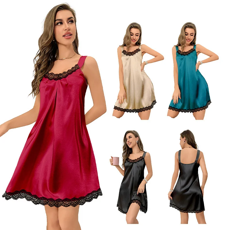 Vestido de dormir de rayón de seda de hielo para mujer, ropa de dormir de encaje sin espalda, sin mangas, ceñido a la cintura, camisón fino, ropa de