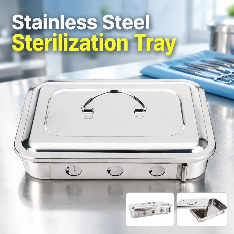 304 Stainless Steel Perforated Sterilizing Tray Lidded Square Plate High Temperature Disinfection Instrument Container Medical