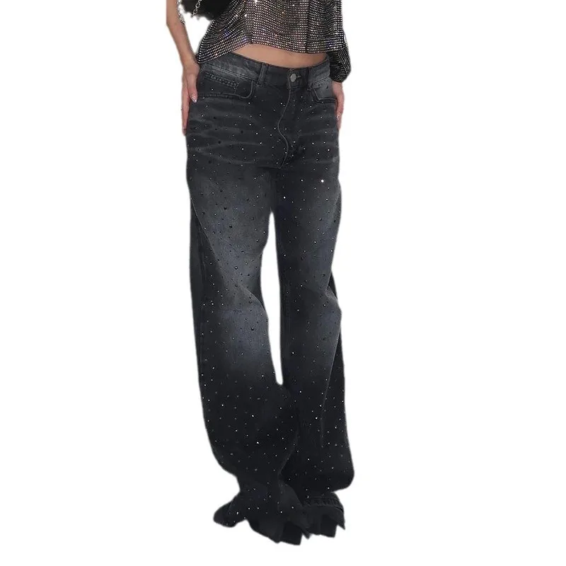 2023 Street Sle Basic Waed adient iny Rhinestone pantalones vaqueros de pierna recta adelgazantes pantalones largos de cintura alta de pierna ancha