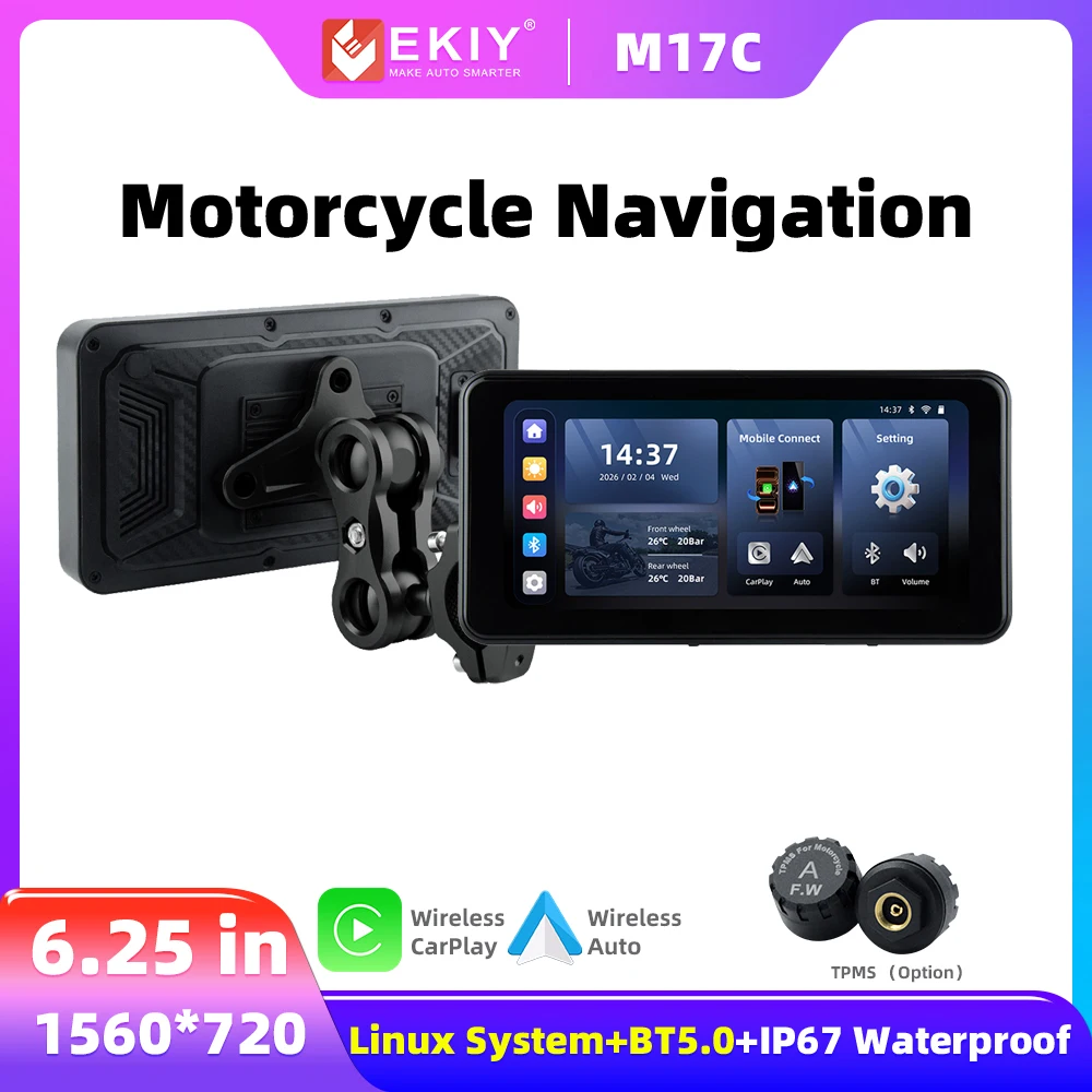 EKIY M17C 6,25 Zoll Motorrad-GPS-Navigation Kabelloses CarPlay-Display TPMS Motorrad Kabelloses Android Auto-Monitor