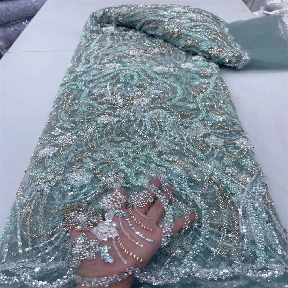 2024 nuovo tessuto di pizzo africano paillettes perline tessuto di pizzo a rete nigeriano paillettes 5 yarde di alta qualità per abito da sposa da sposa da festa