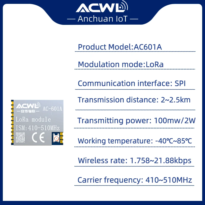 5PCS AC601A 100mW LoRa Wireless Module Ultra Low 1uA Sleep Current 21V 36V Operating Voltage For Battery Powered Applications
