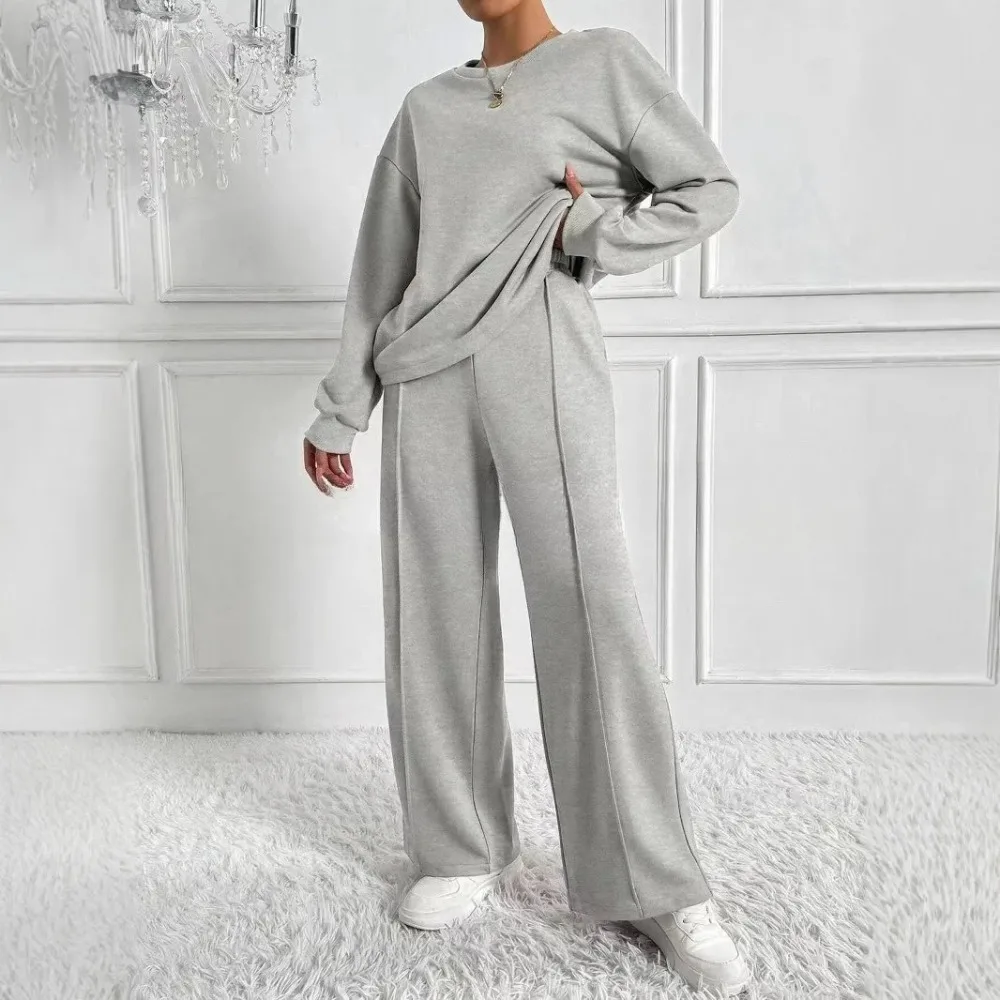 

Fashion Knitwear Set Soft Ribbed Knit Sweater with High Waisted Wide Leg Trousers, Elegant Loungewear for Travel Street Style