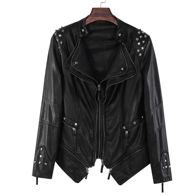 Ladies Motorcycle PU Leather Rivets Double Zip Lapel Autumn Leather Coat Coat Large Size