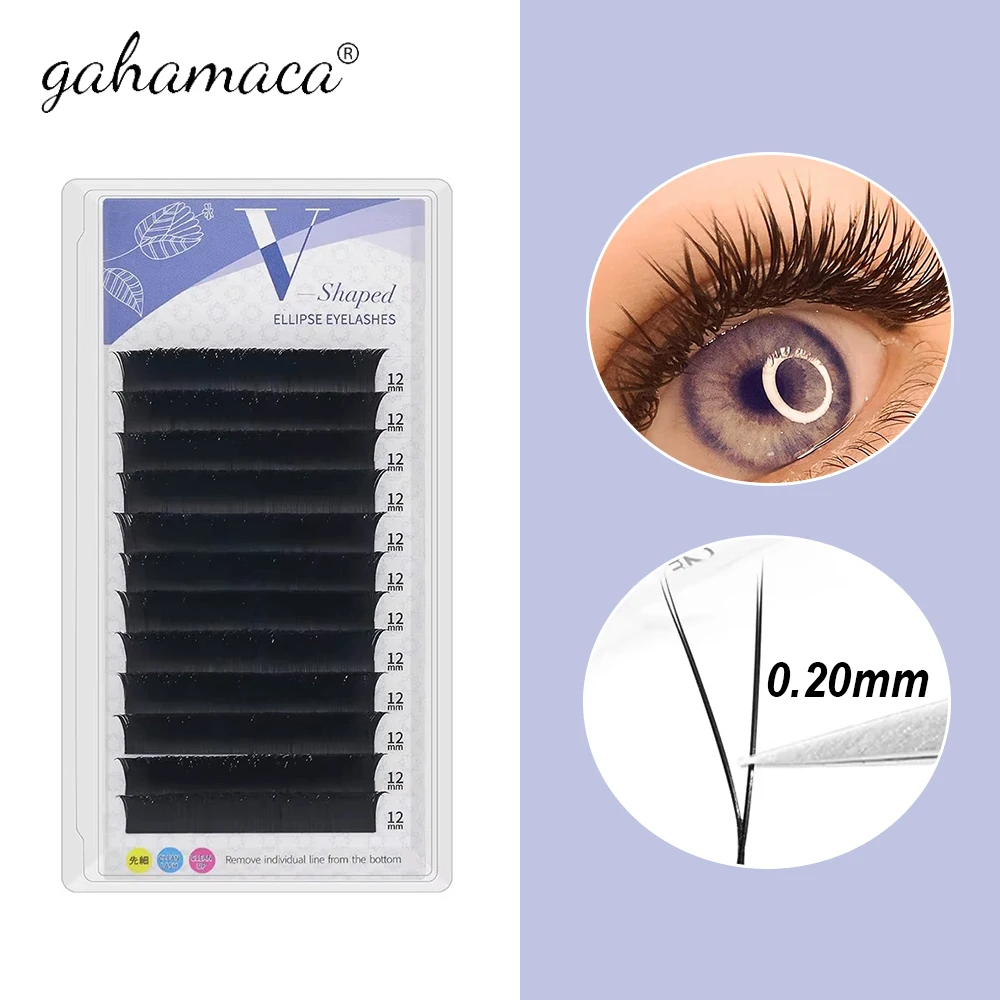 

GAHAMACA Ellipse Flat Lashes Natural Soft V-Shape Split Tip Eyelash Extension Enhance Adhesion Premade Volume Lash Extensions