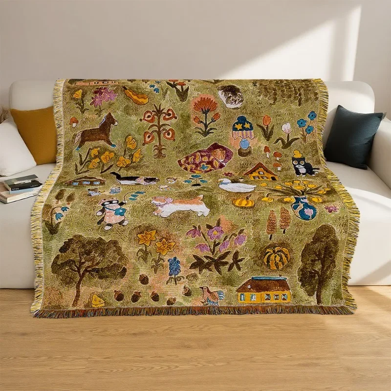 Cotton Jacquard Thread Blanket Rural Style Background Decoration Tapestry Napping Cover Carpet Office Blanket
