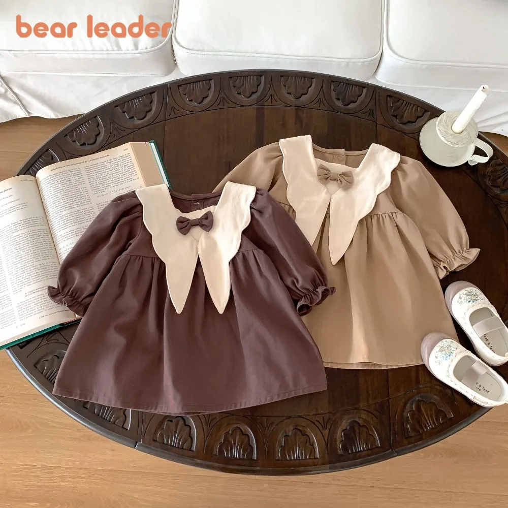 

Bear Leader Korean Style Solid Color College Style Girls Dresses Spring Autumn Retro Lapel Princess Dress Bow Baby Clothing