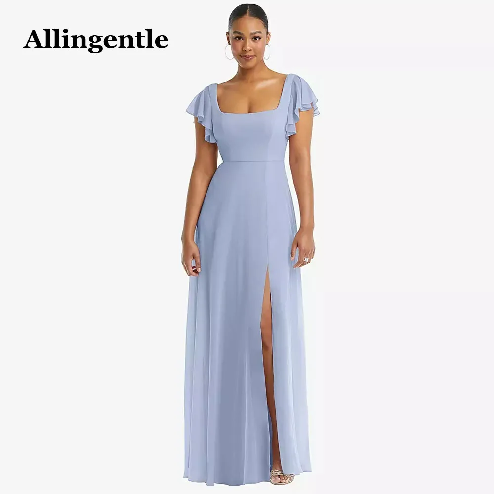 Allingentle Elegant Square Collar Evening Formal Dresses Custom Made A-Line with Side Slit Maxi Dress Bridesmaid Prom Party Gown