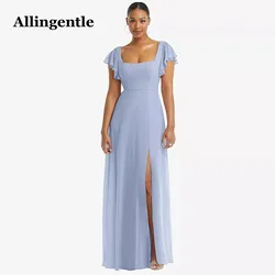 Allingentle-Robe de Soirée Élégante à Col Carré sur Mesure, Ligne A avec Fente Latérale, Maxi, pour Demoiselle d'Honneur, Bal