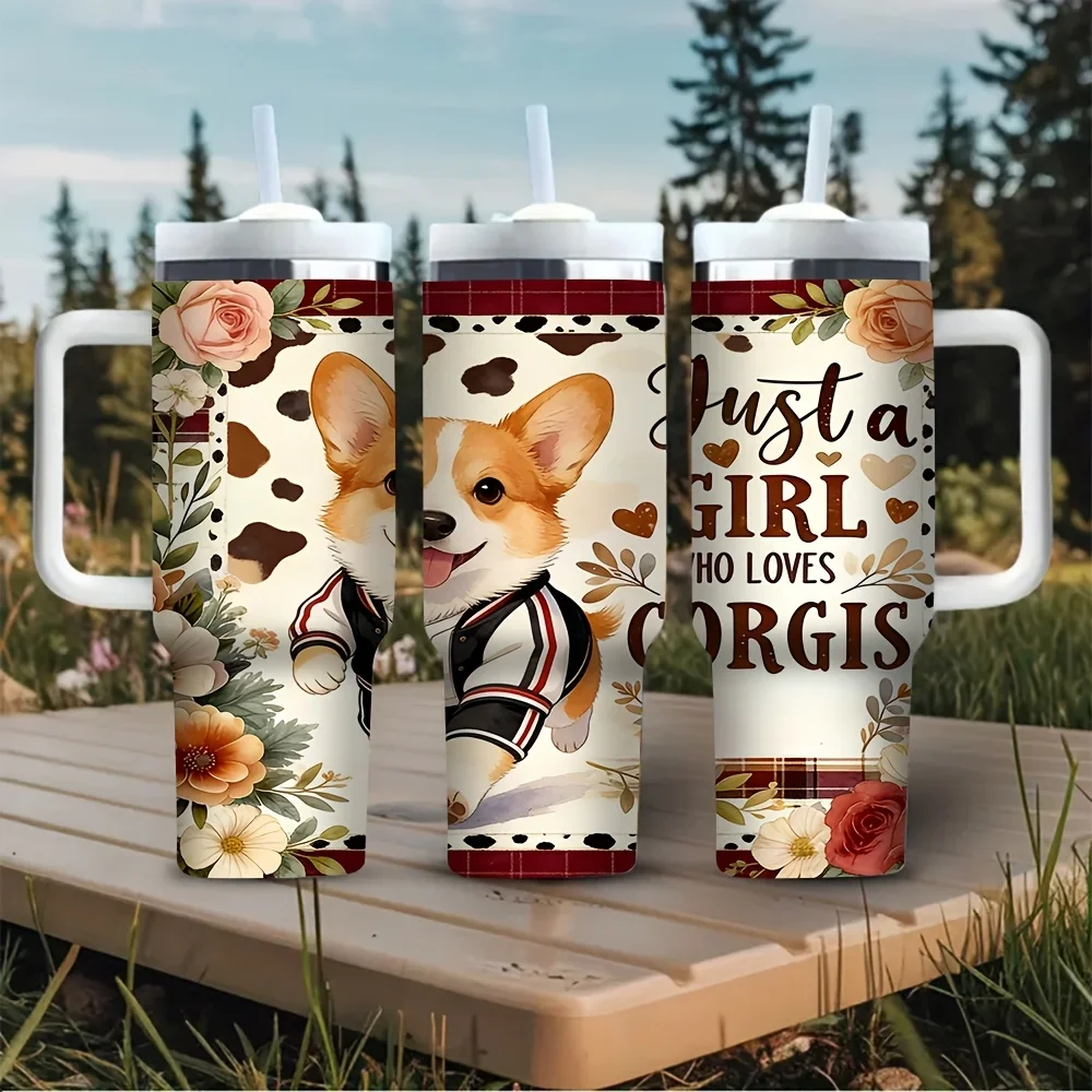 40oz Corgi Print Tumbler with Handle, Features Just A Girl Who Loves Corgis Design, Suitable for Dog Lovers, Fits Hot And Cold Drinks for Daily Use And Outdoor Travel