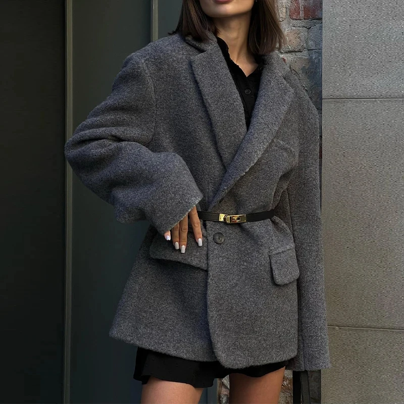 

Vintage Woolen Lapel Belt Women Jacket Single Breasted Notched Long Sleeve Female Jacket 2024 Autumn Winter Lady Outwear