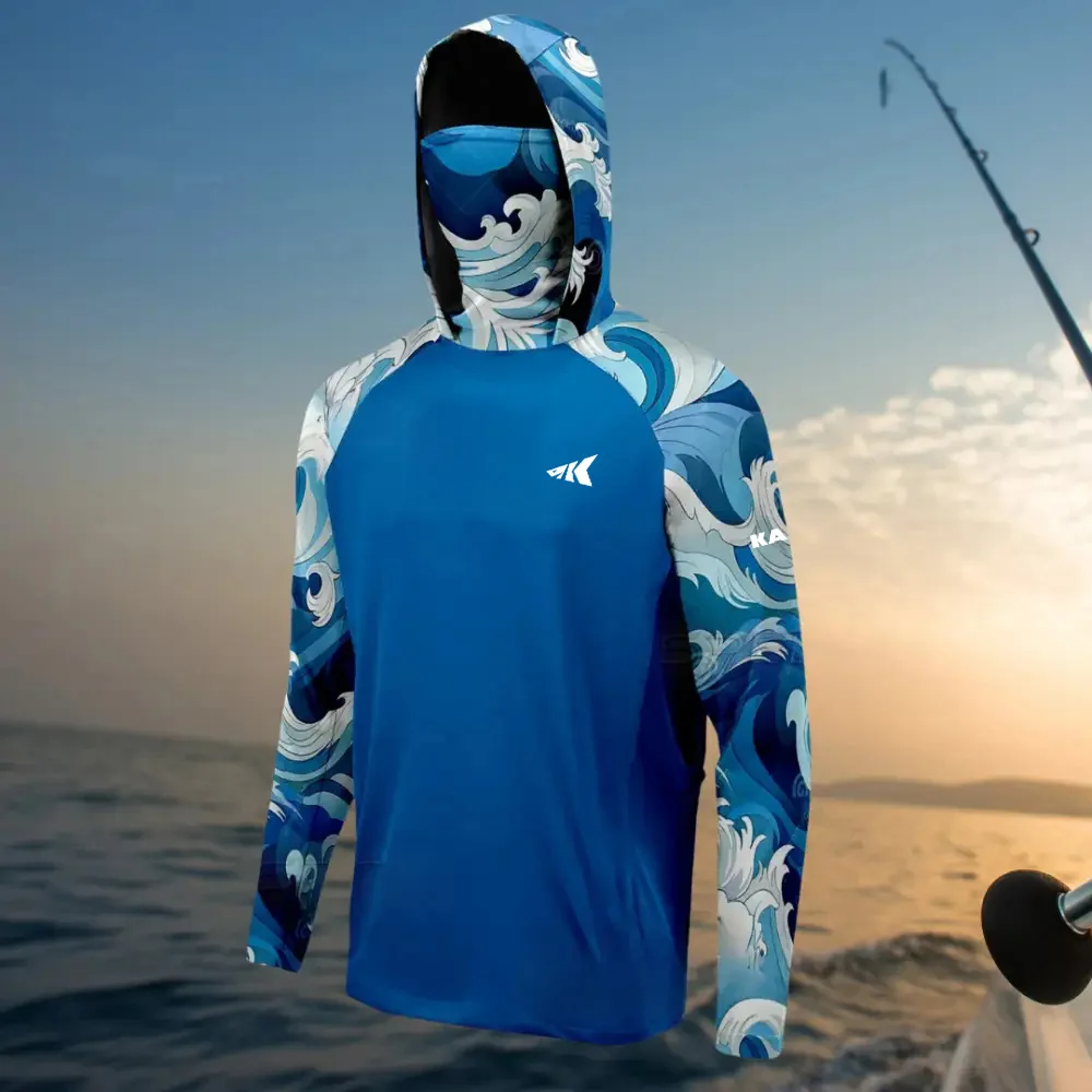 Camo Grey.Men's Pro Fishing Sun Camiseta con capucha. UPF50+ Secado rápido Transpirable Que absorbe la humedad Top de camuflaje al aire libre Camo Grey