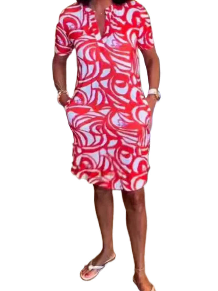 

Fashion Print Dress Lady Casual V Neck Short Sleeve Loose Dresses For Women Boho Holiday Beach Skirt Womens Clothing Summer New