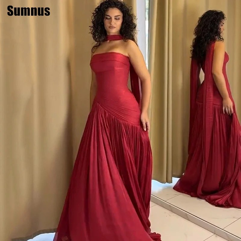 

Sumnus Elegant A-Line Evening Dresses Red Strapless Chiffon Sleeveless Formal Dresses Gala فساتين سهرة Customized