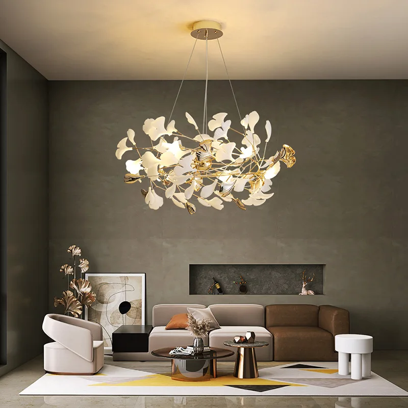 Lampadario da pranzo in ceramica bianca con foglia di Ginkgo di lusso leggero postmoderno G9 illuminazione decorazione d'interni soggiorno lampada in metallo dorato