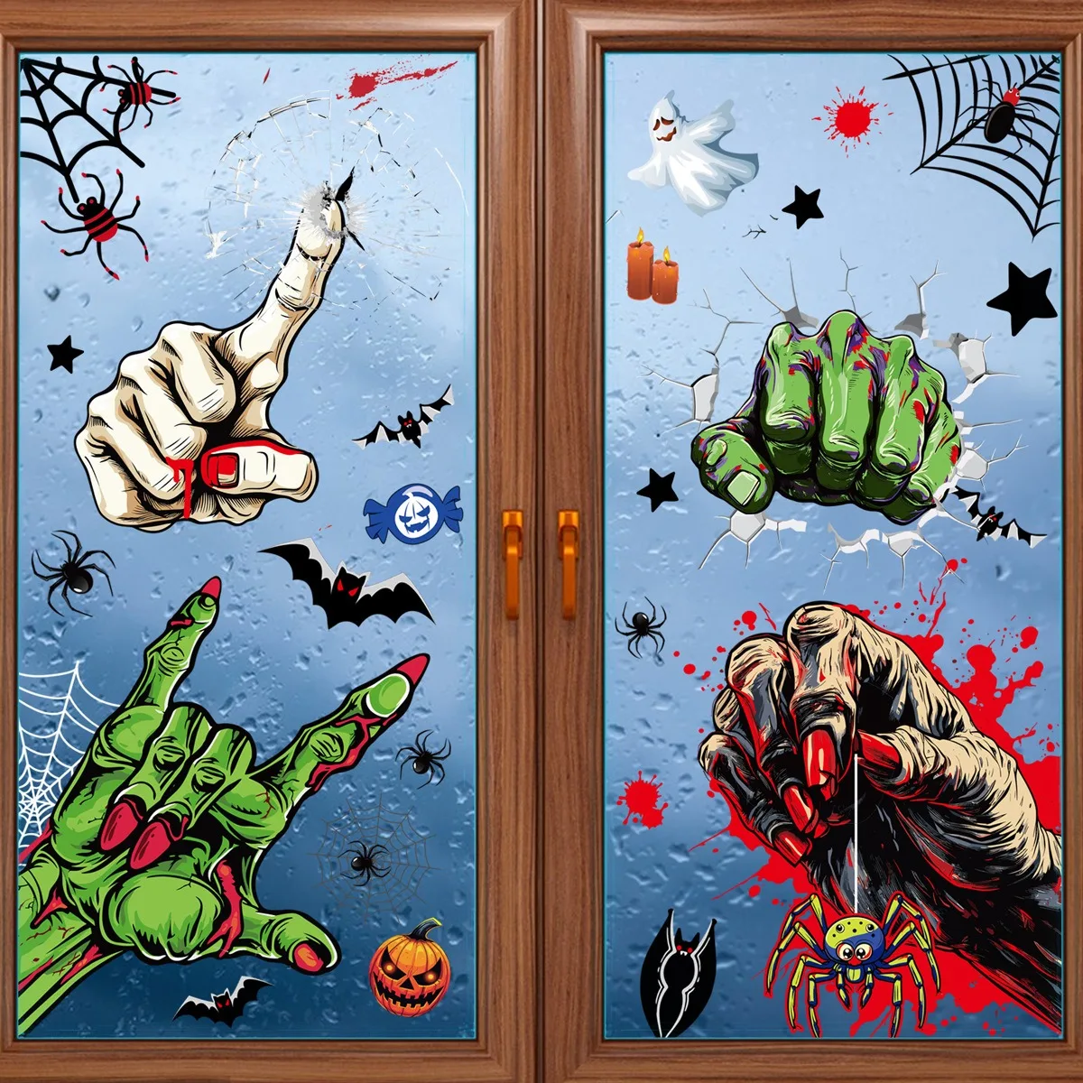 Halloween Decors Sticker Blood Handprint Pumpkin Window Sticker Ghost Festival Ghost Hand Spider Glass Sticker Trick or Treat