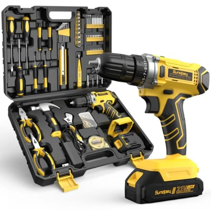 

Набор инструментов Sundpey с дрелью 21В - портативный универсальный базовый набор для домашнего ремонта из 170 предметов с электродрелью, аккумулятором 2.0 Ач и зарядным устройством
