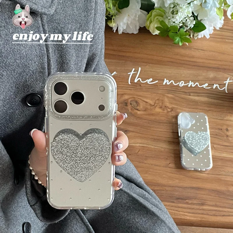 

Fashion White Polka Dot Mirror Cute Phone Case For iPhone 17 Pro 15 16 Pro Max Cover with Love Heart Holder Shockproof Cases Ca