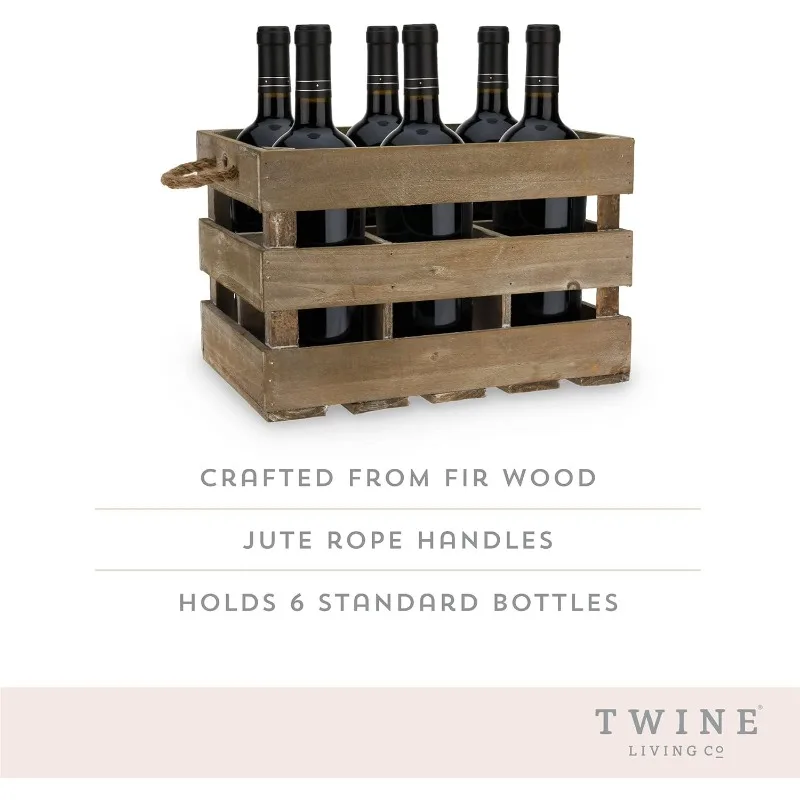 Twine Farm House Decor, Rustic Wooden Wine Bottle Holder and Wine Storage, 6 Bottle Wine Crate, Home Decor, Wine Gifts Dark Wood