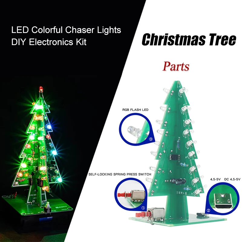 Kreativer 3D-Weihnachtsbaum-LED-DIY-Kit Rot/Grün/Gelb LED-Blitzschaltungskit Elektronisches Schweißen Fun Suite 3 Farben/7 Farbplatine