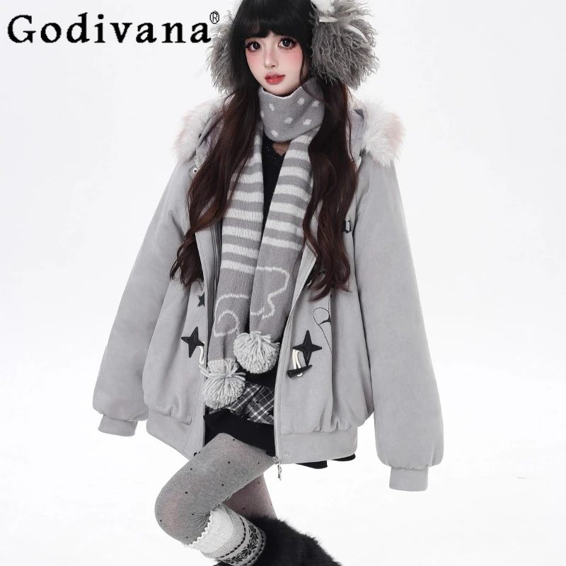 الشتاء القطن وسادة مبطنة المرأة الأصلي نجمة رسالة انفصال فضفاض سترات الإناث النمط الياباني فضفاض مقنعين سترة