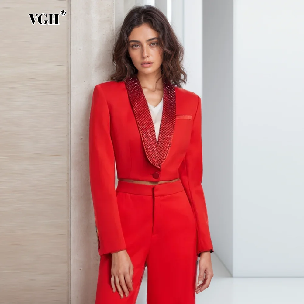 VGH Backless Patchwork Diamonds Blazer For Women Notched Collar Long Sleeve Spliced Button Slimming Blazers Female 2024 Clothes